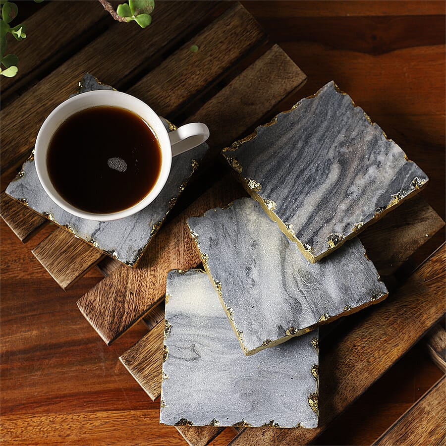 Handcrafted Set of 4 Square Shaped Marble Coasters (Size 10cm) - Grey