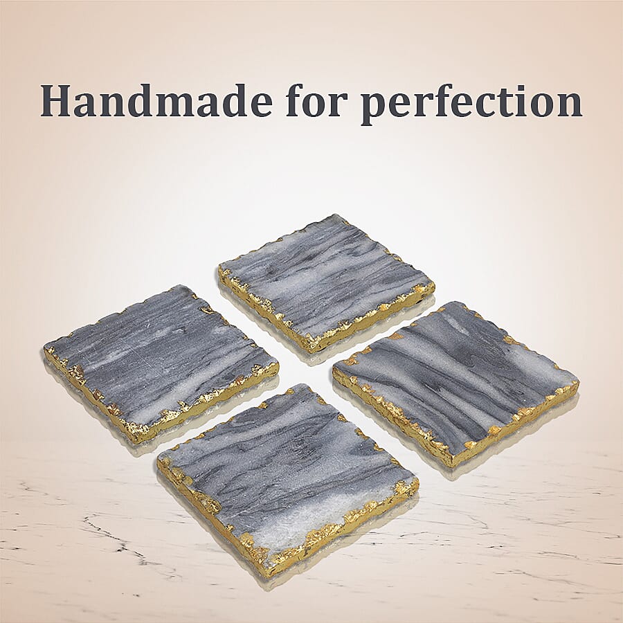 Handcrafted Set of 4 Square Shaped Marble Coasters (Size 10cm) - Grey