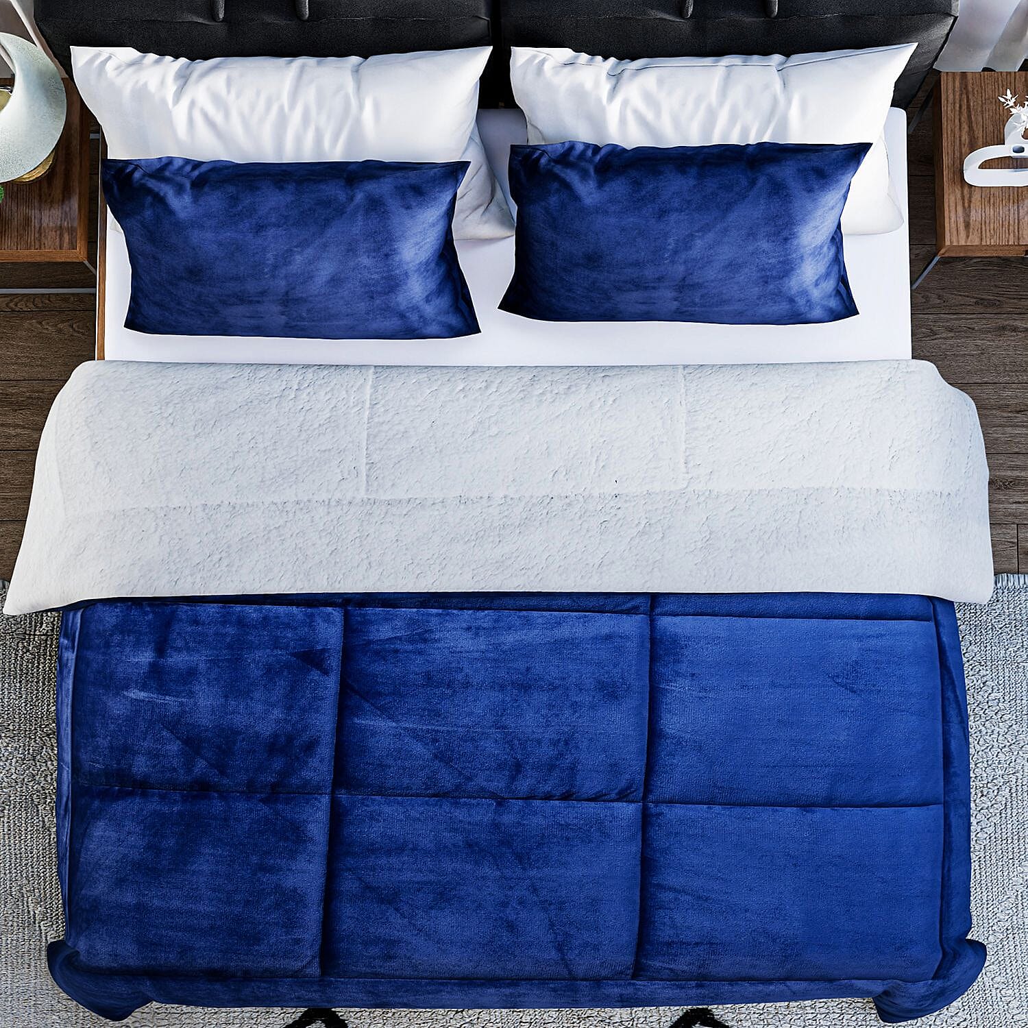 NEW - Set Of 3 Sherpa Comforter (Size Double) & 2 Pillow Cases (Size 75x50cm) Navy