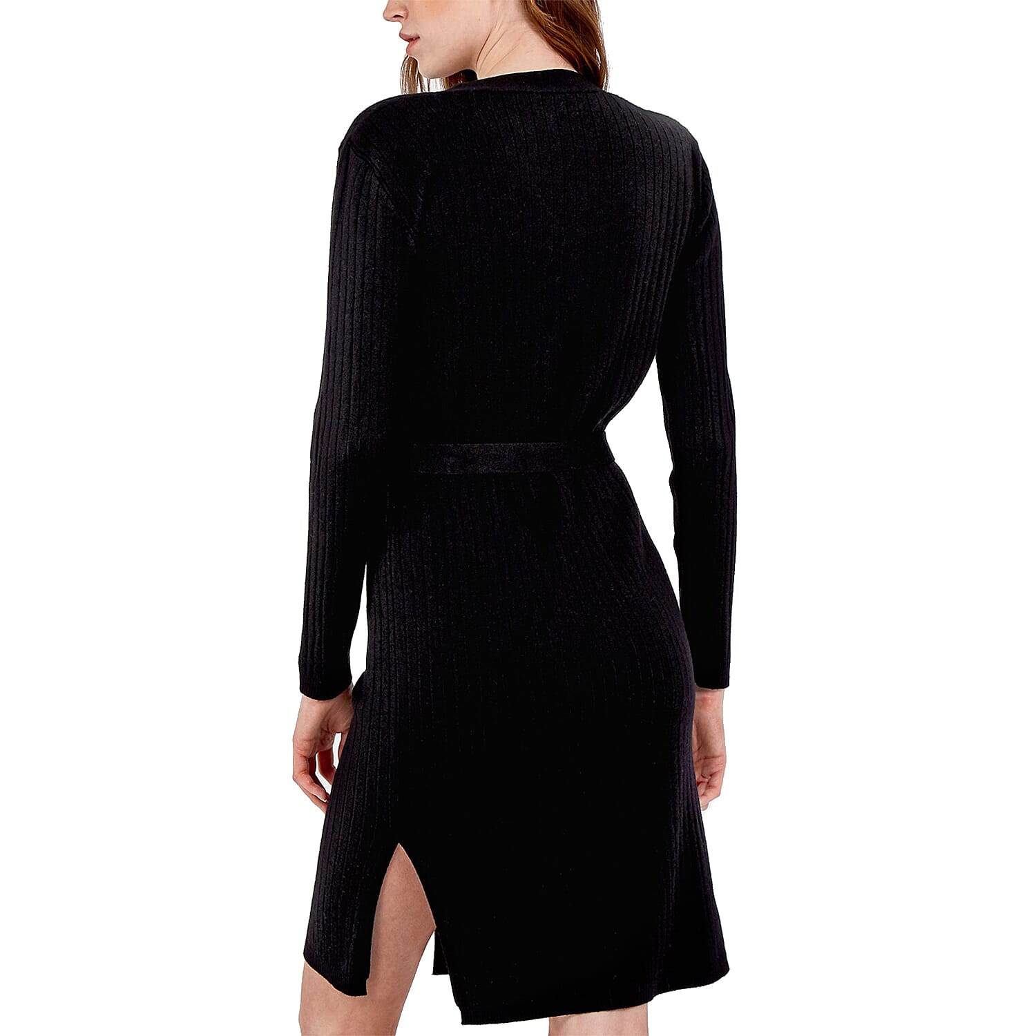 Nova of London Ribbed Long Button Up Cardigan with Tie Wrap in Black (Size S-M)