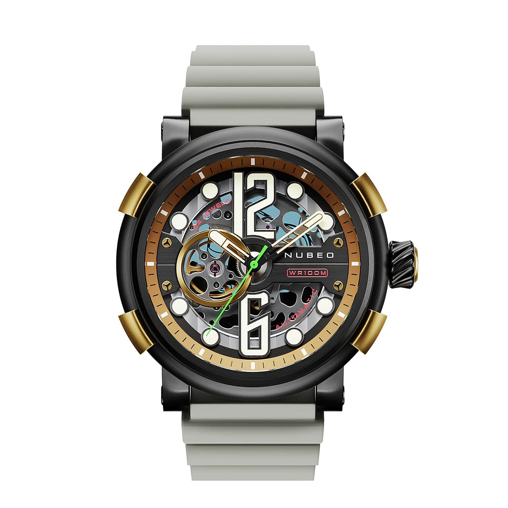 NUBEO Orion Automatic Limited Edition Japanese Open Heart Automatic Movement Sapphire Black Dial Water Resistant Watch With 2 Black Rubber Strap