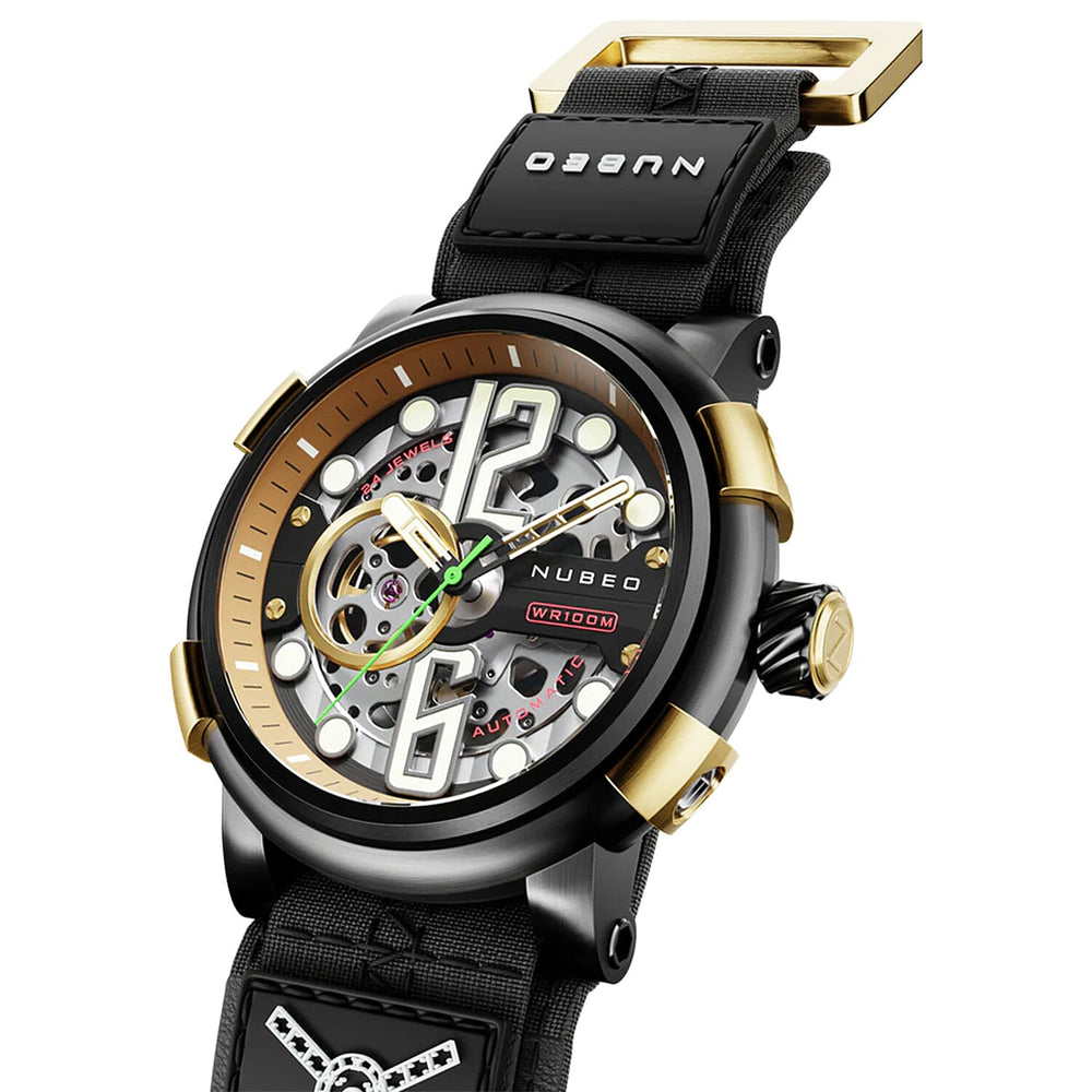 NUBEO Orion Automatic Limited Edition Japanese Open Heart Automatic Movement Sapphire Black Dial Water Resistant Watch With 2 Black Rubber Strap