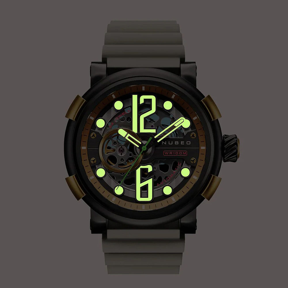 NUBEO Orion Automatic Limited Edition Japanese Open Heart Automatic Movement Sapphire Black Dial Water Resistant Watch With 2 Black Rubber Strap