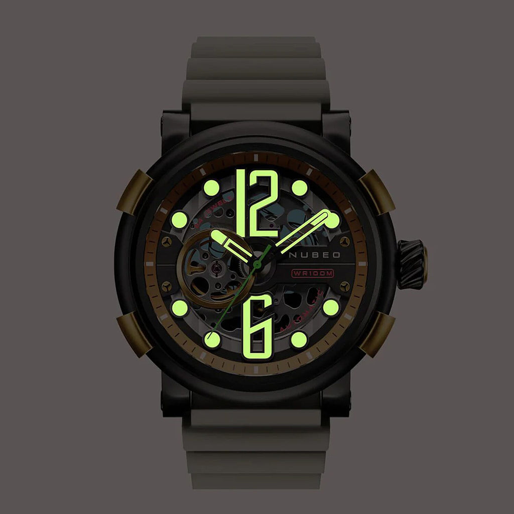 NUBEO Orion Automatic Limited Edition Japanese Open Heart Automatic Movement Sapphire Black Dial Water Resistant Watch With 2 Black Rubber Strap