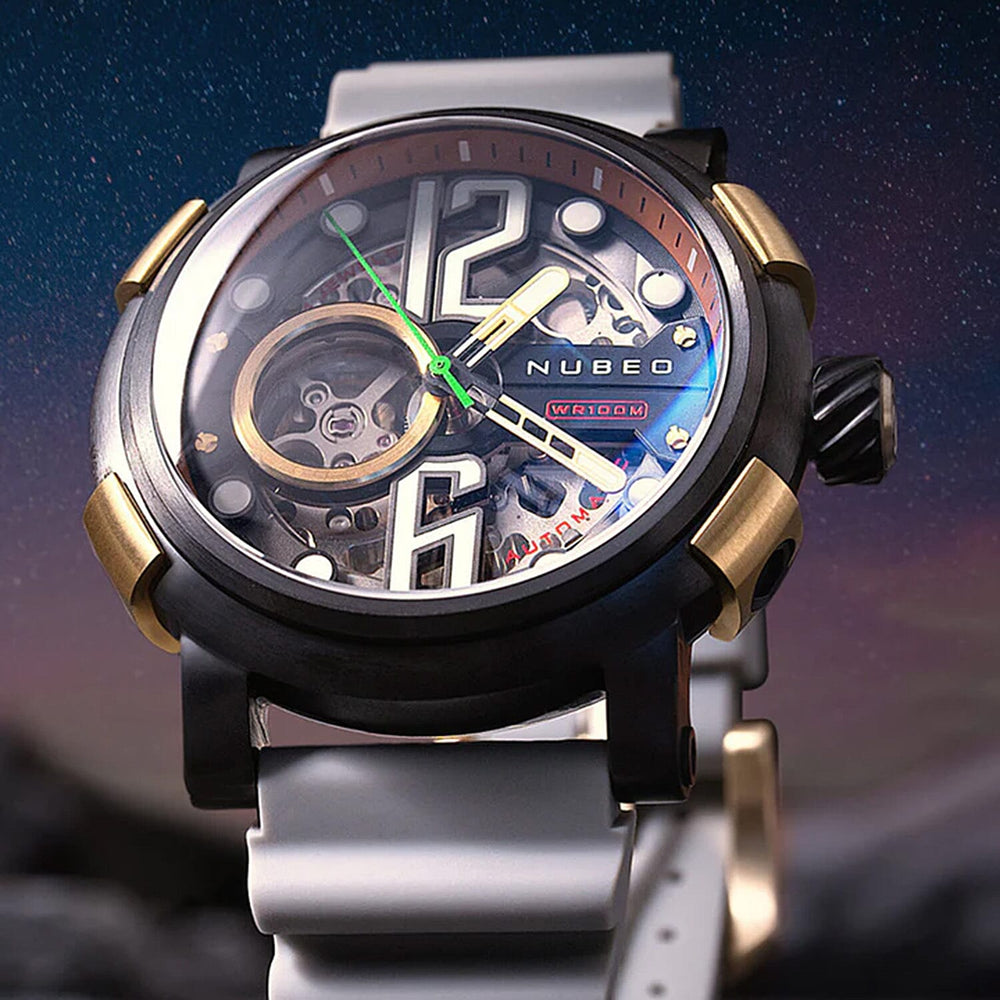 NUBEO Orion Automatic Limited Edition Japanese Open Heart Automatic Movement Sapphire Black Dial Water Resistant Watch With 2 Black Rubber Strap