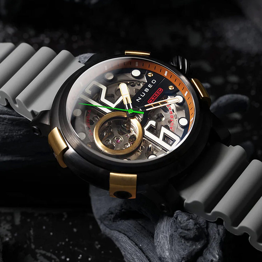 NUBEO Orion Automatic Limited Edition Japanese Open Heart Automatic Movement Sapphire Black Dial Water Resistant Watch With 2 Black Rubber Strap