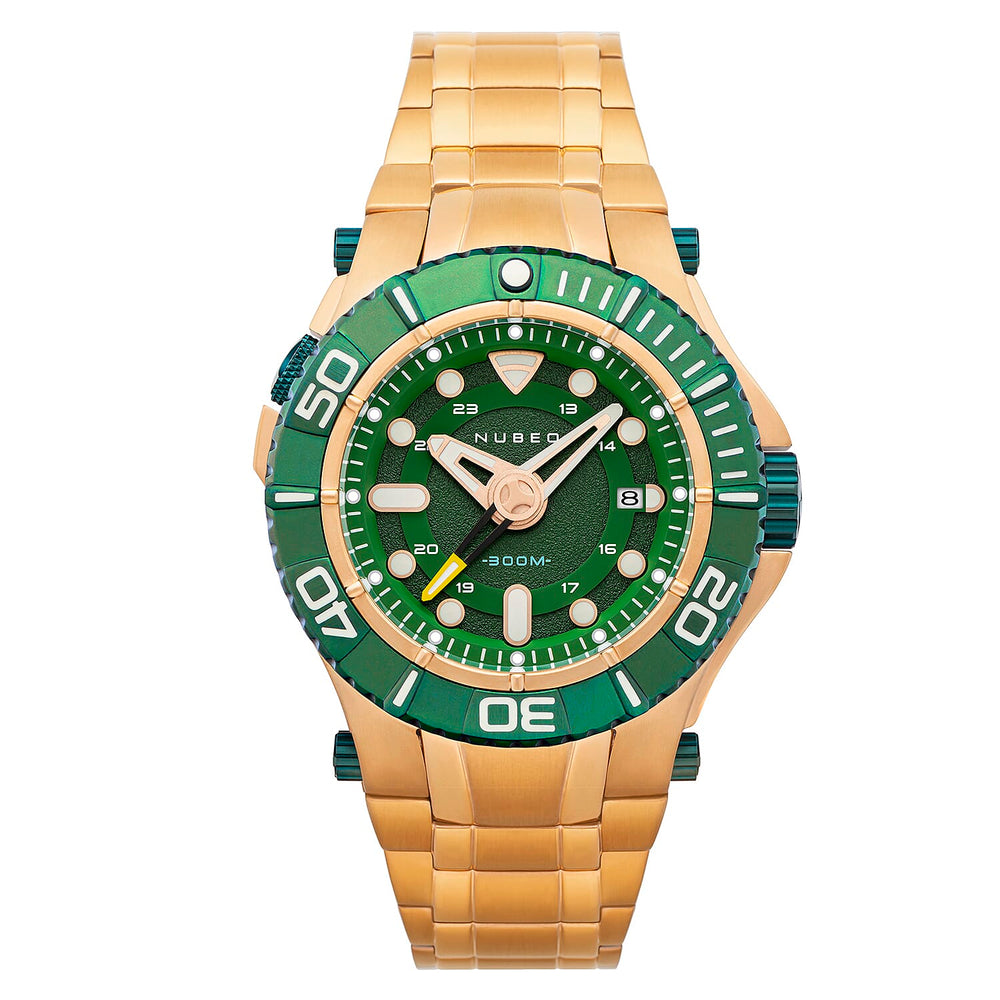 NUBEO Manta Midsize Automatic Limited Edition Japanese Movement 3 Hands With Date & Sapphire Lens Green Dial 30 ATM Water Resistant Watch With Stainlesss Steel Rose Gold Chain Strap