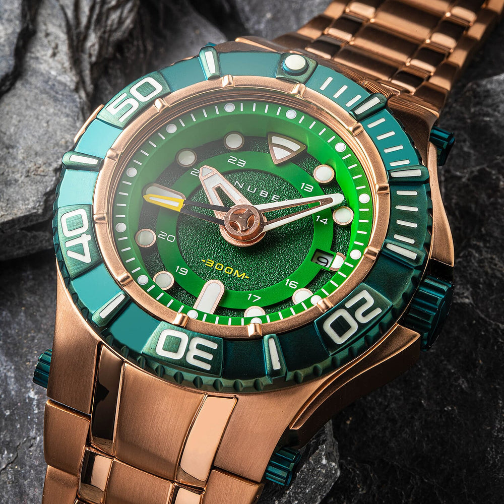 NUBEO Manta Midsize Automatic Limited Edition Japanese Movement 3 Hands With Date & Sapphire Lens Green Dial 30 ATM Water Resistant Watch With Stainlesss Steel Rose Gold Chain Strap
