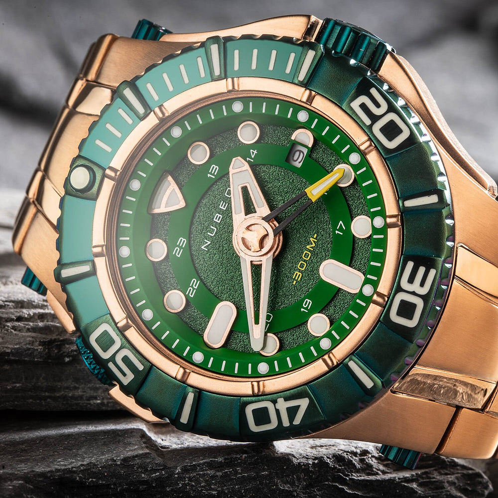 NUBEO Manta Midsize Automatic Limited Edition Japanese Movement 3 Hands With Date & Sapphire Lens Green Dial 30 ATM Water Resistant Watch With Stainlesss Steel Rose Gold Chain Strap
