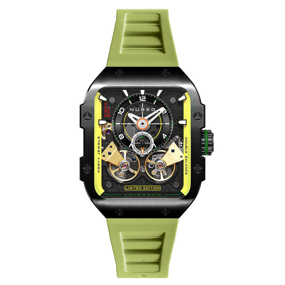 NUBEO Maven Automatic Limited Edition Dark Khaki Dial Mens Watch with Lime Green Stainless Steel Strap
