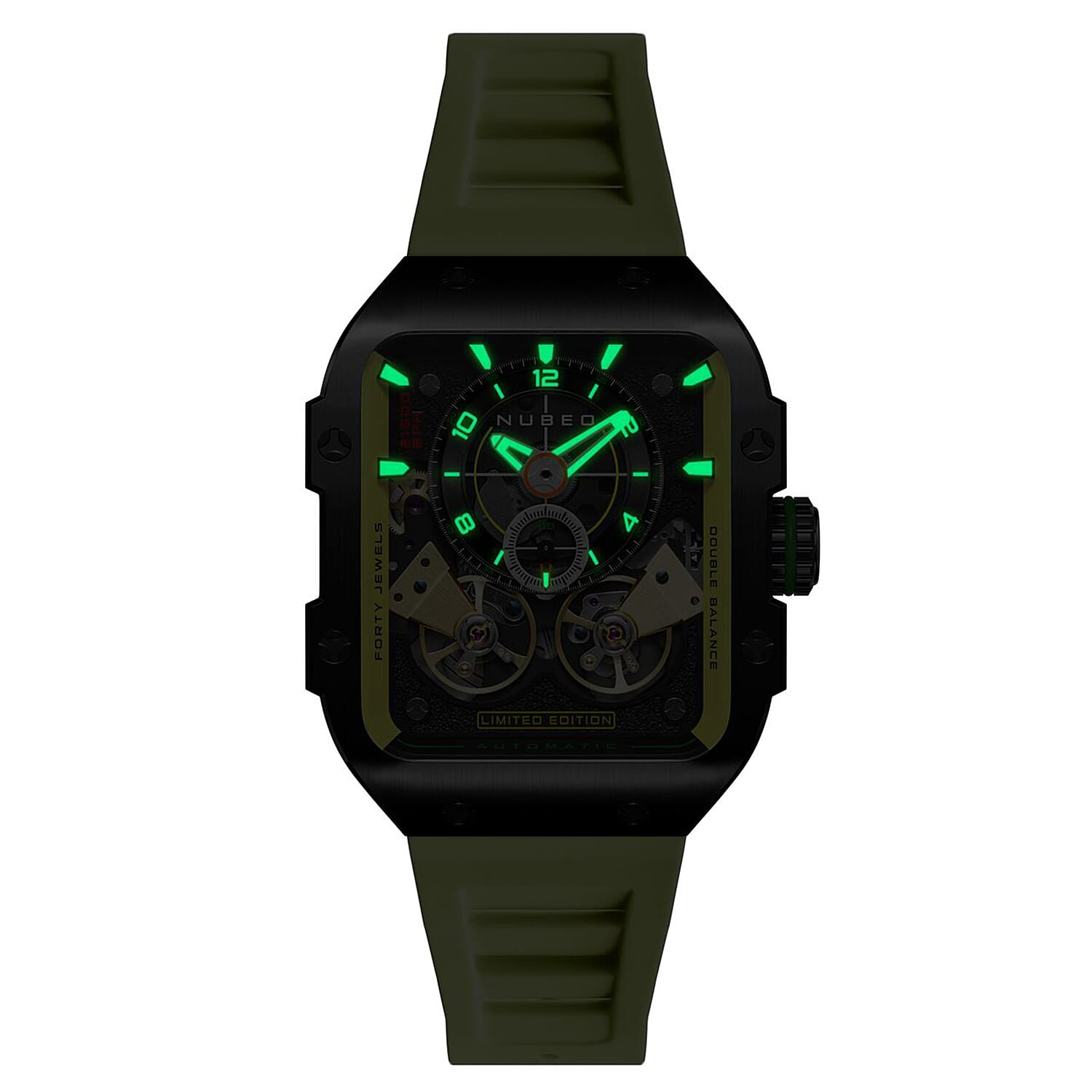 NUBEO Maven Automatic Limited Edition Dark Khaki Dial Mens Watch with Lime Green Stainless Steel Strap