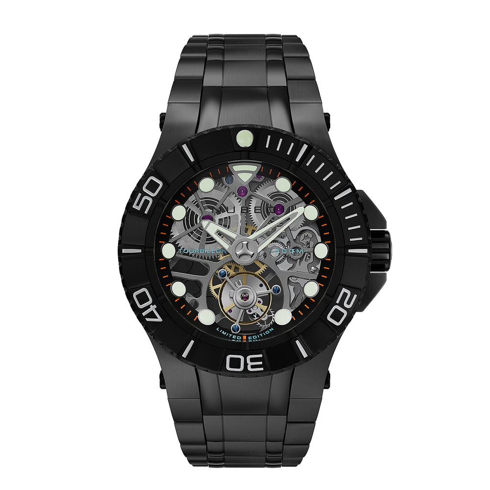 NUBEO Manta Tourbillion Limited Edition Mechanical Movement 3 Hands & Sapphire Lens Black Dial 20 ATM Water Resistant Watch With Stainlesss Steel Black Chain Strap