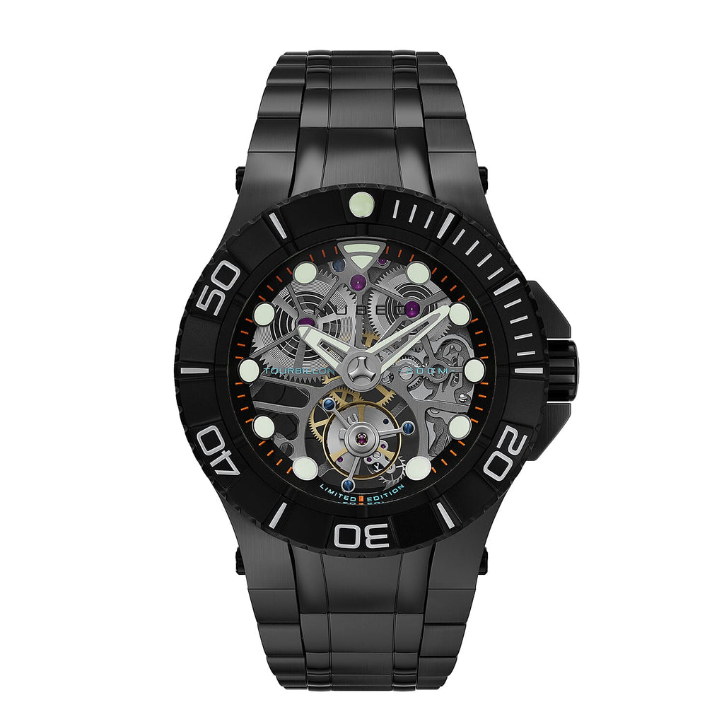 NUBEO Manta Tourbillion Limited Edition Mechanical Movement 3 Hands & Sapphire Lens Black Dial 20 ATM Water Resistant Watch With Stainlesss Steel Black Chain Strap