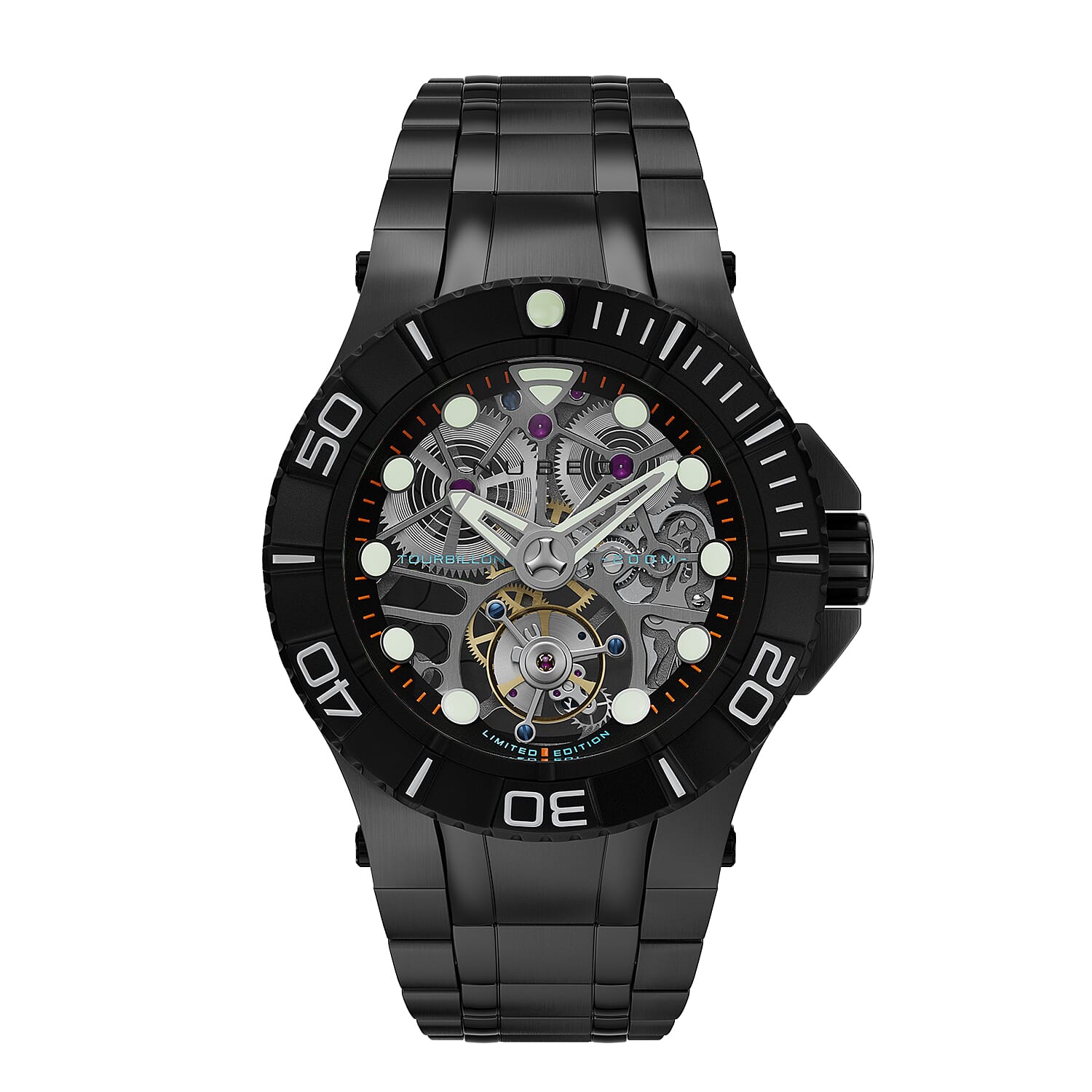 NUBEO Manta Tourbillion Limited Edition Mechanical Movement 3 Hands & Sapphire Lens Black Dial 20 ATM Water Resistant Watch With Stainlesss Steel Black Chain Strap