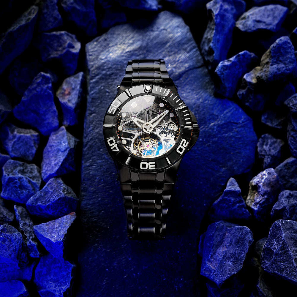 NUBEO Manta Tourbillion Limited Edition Mechanical Movement 3 Hands & Sapphire Lens Black Dial 20 ATM Water Resistant Watch With Stainlesss Steel Black Chain Strap