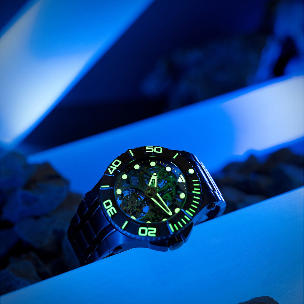 NUBEO Manta Tourbillion Limited Edition Mechanical Movement 3 Hands & Sapphire Lens Black Dial 20 ATM Water Resistant Watch With Stainlesss Steel Black Chain Strap