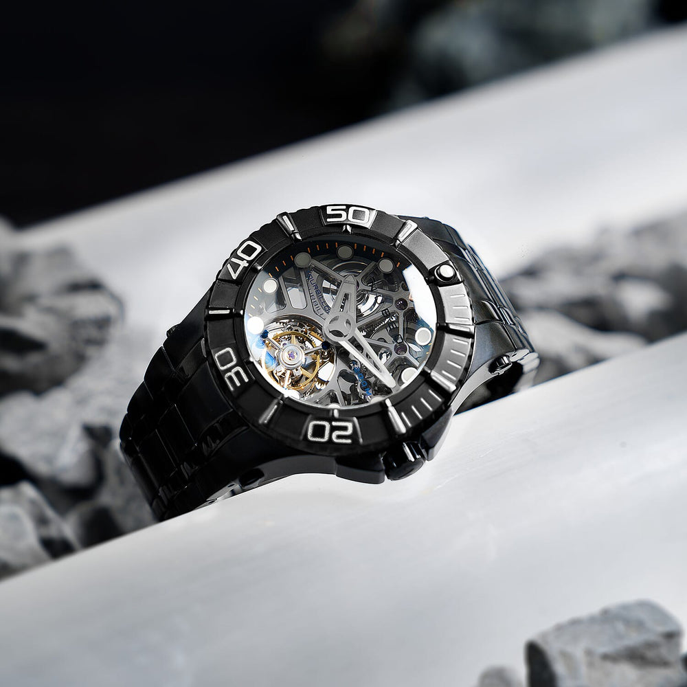 NUBEO Manta Tourbillion Limited Edition Mechanical Movement 3 Hands & Sapphire Lens Black Dial 20 ATM Water Resistant Watch With Stainlesss Steel Black Chain Strap