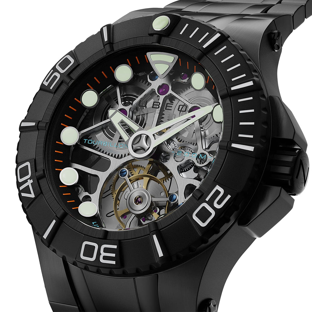 NUBEO Manta Tourbillion Limited Edition Mechanical Movement 3 Hands & Sapphire Lens Black Dial 20 ATM Water Resistant Watch With Stainlesss Steel Black Chain Strap