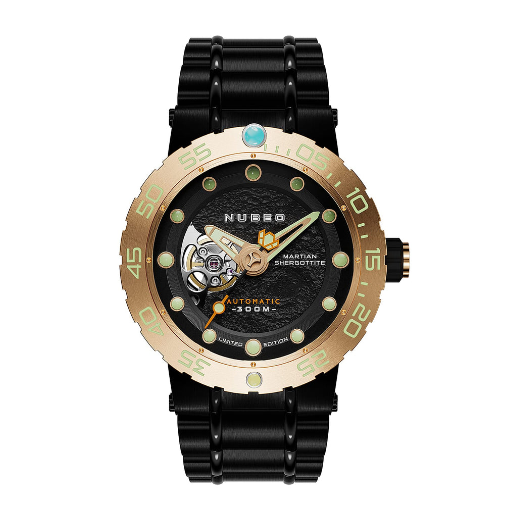 NUBEO Opportunity Automatic Limited Edition Genuine Martian Meteorite Japanese Automatic Movement With 3 Hands Black Dial 30 ATM Water Resistant Watch With Stainlesss Steel Black Chain Strap
