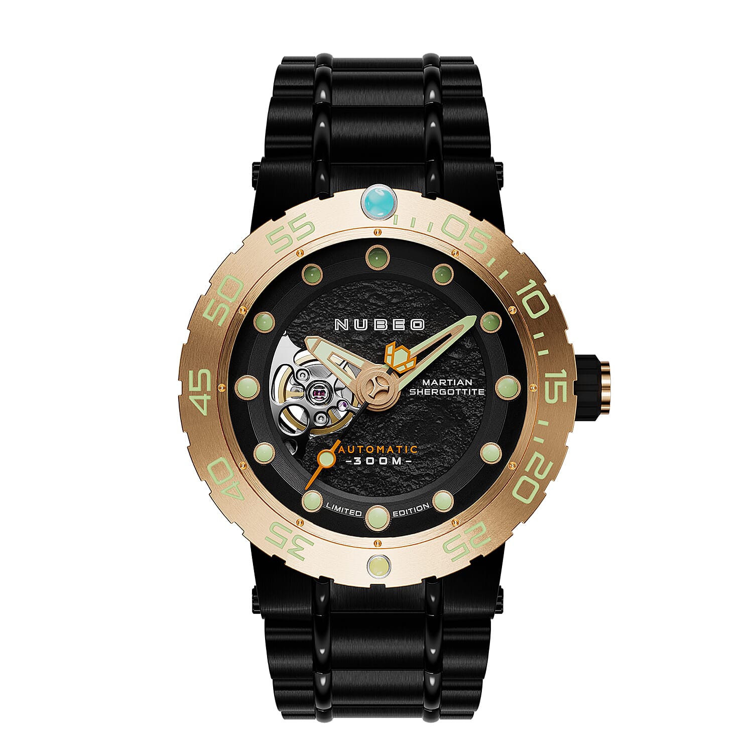 NUBEO Opportunity Automatic Limited Edition Genuine Martian Meteorite Japanese Automatic Movement With 3 Hands Black Dial 30 ATM Water Resistant Watch With Stainlesss Steel Black Chain Strap