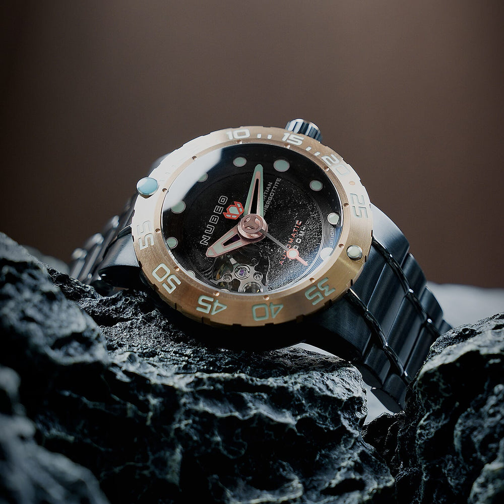 NUBEO Opportunity Automatic Limited Edition Genuine Martian Meteorite Japanese Automatic Movement With 3 Hands Black Dial 30 ATM Water Resistant Watch With Stainlesss Steel Black Chain Strap