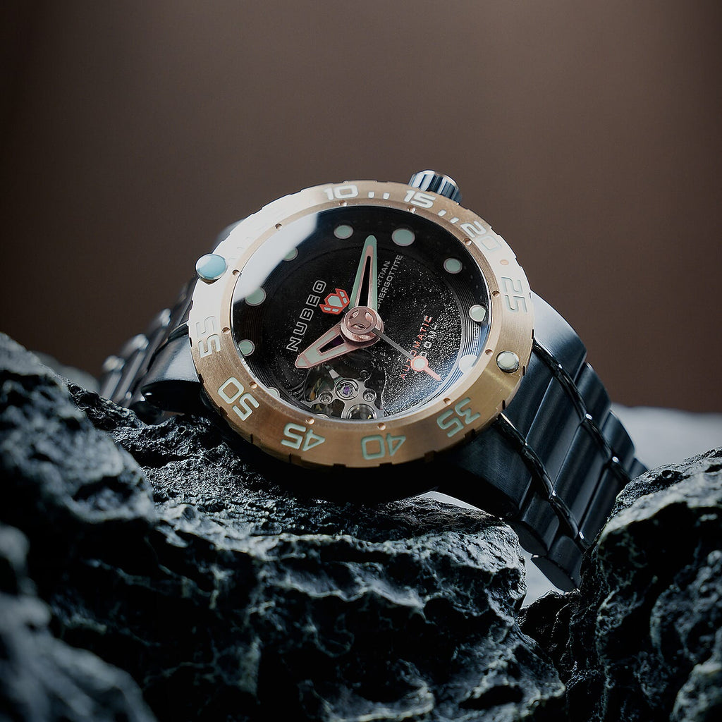 NUBEO Opportunity Automatic Limited Edition Genuine Martian Meteorite Japanese Automatic Movement With 3 Hands Black Dial 30 ATM Water Resistant Watch With Stainlesss Steel Black Chain Strap
