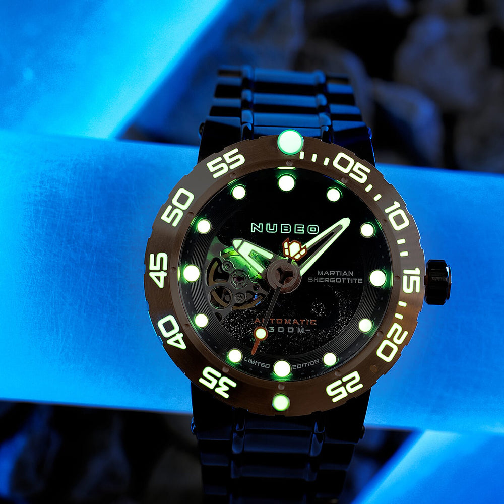 NUBEO Opportunity Automatic Limited Edition Genuine Martian Meteorite Japanese Automatic Movement With 3 Hands Black Dial 30 ATM Water Resistant Watch With Stainlesss Steel Black Chain Strap