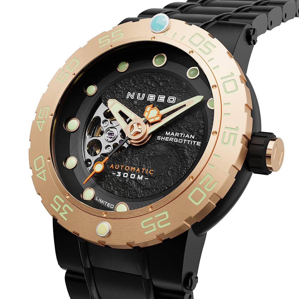 NUBEO Opportunity Automatic Limited Edition Genuine Martian Meteorite Japanese Automatic Movement With 3 Hands Black Dial 30 ATM Water Resistant Watch With Stainlesss Steel Black Chain Strap