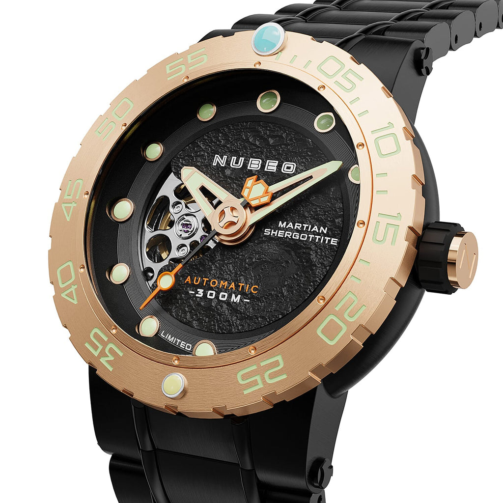 NUBEO Opportunity Automatic Limited Edition Genuine Martian Meteorite Japanese Automatic Movement With 3 Hands Black Dial 30 ATM Water Resistant Watch With Stainlesss Steel Black Chain Strap