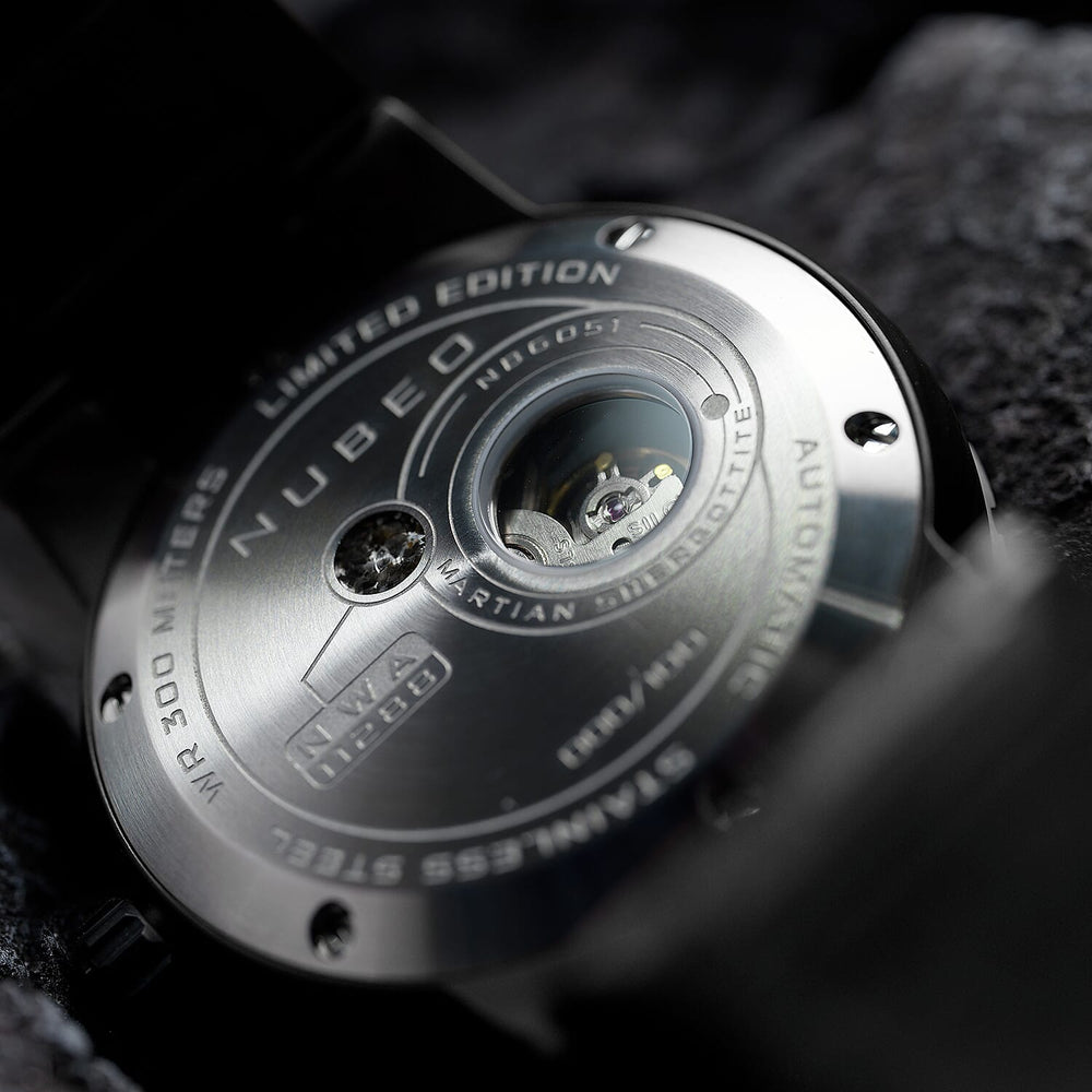 NUBEO Opportunity Automatic Limited Edition Genuine Martian Meteorite Japanese Automatic Movement With 3 Hands Black Dial 30 ATM Water Resistant Watch With Stainlesss Steel Black Chain Strap