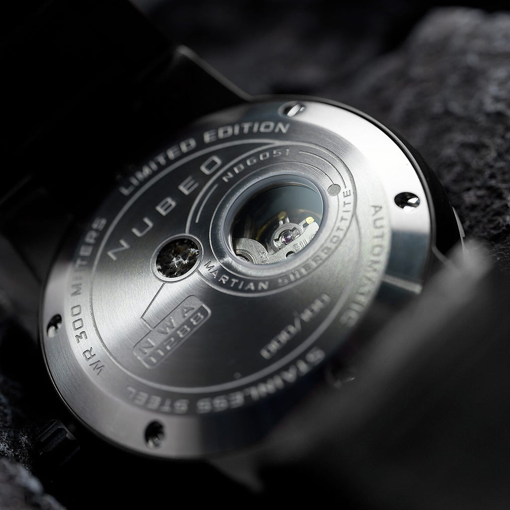 NUBEO Opportunity Automatic Limited Edition Genuine Martian Meteorite Japanese Automatic Movement With 3 Hands Black Dial 30 ATM Water Resistant Watch With Stainlesss Steel Black Chain Strap