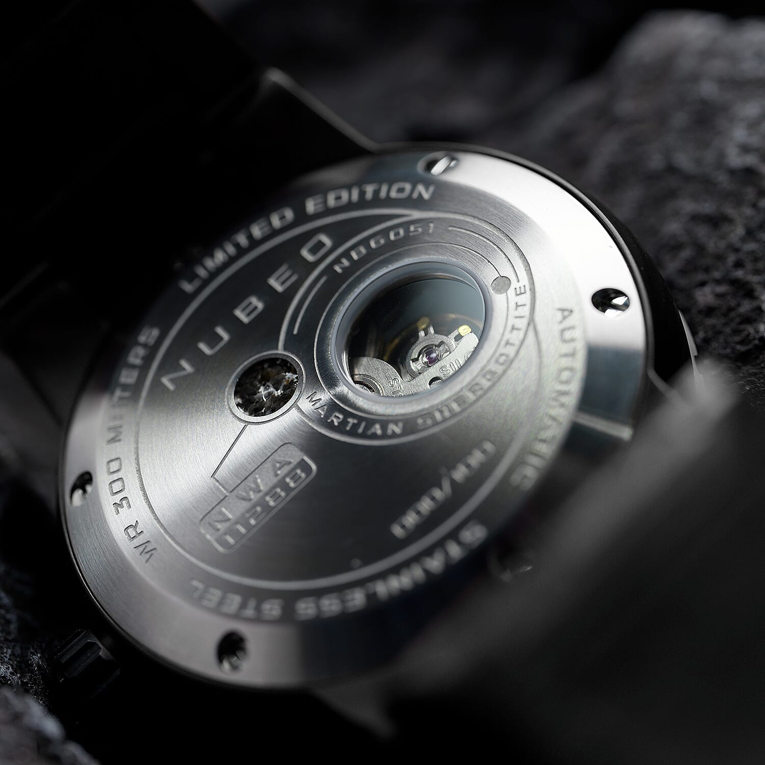 NUBEO Opportunity Automatic Limited Edition Genuine Martian Meteorite Japanese Automatic Movement With 3 Hands Black Dial 30 ATM Water Resistant Watch With Stainlesss Steel Black Chain Strap