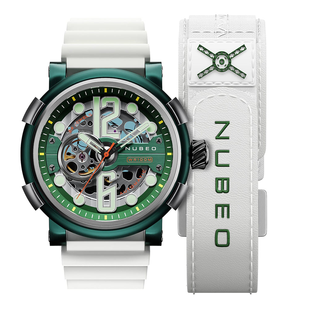 NUBEO Orion Automatic Limited Edition Japanese Open Heart Automatic Movement Sapphire Green Dial Water Resistant Watch With 2 White Rubber Strap