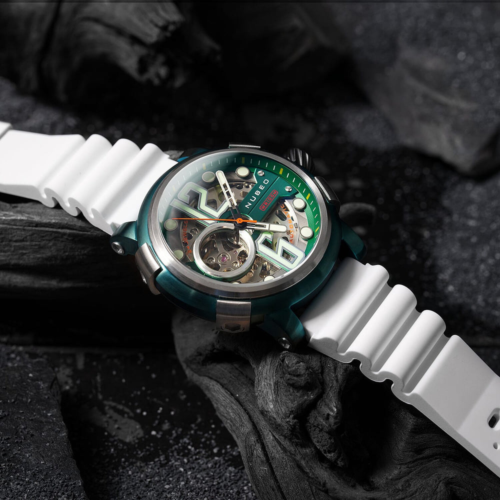 NUBEO Orion Automatic Limited Edition Japanese Open Heart Automatic Movement Sapphire Green Dial Water Resistant Watch With 2 White Rubber Strap