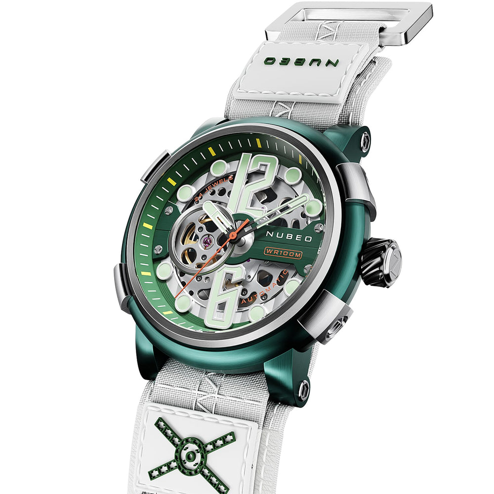 NUBEO Orion Automatic Limited Edition Japanese Open Heart Automatic Movement Sapphire Green Dial Water Resistant Watch With 2 White Rubber Strap