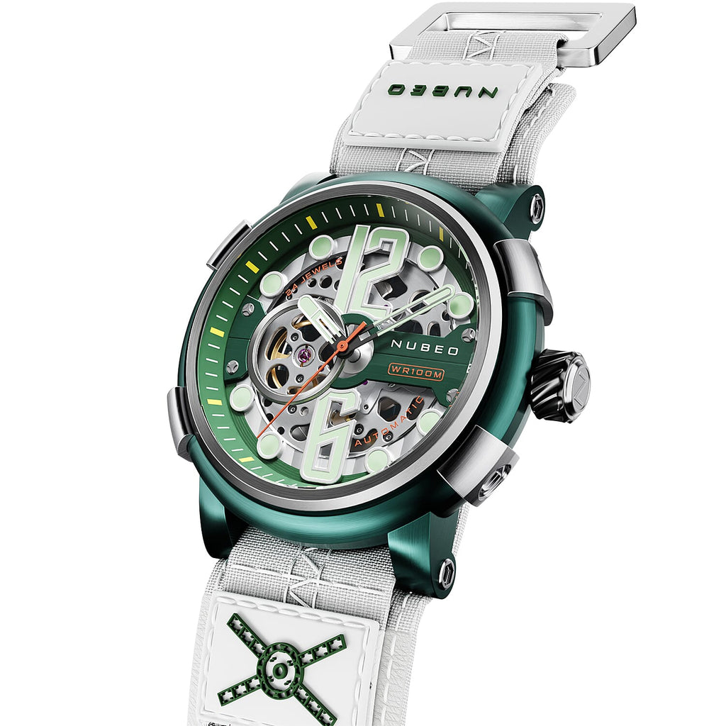 NUBEO Orion Automatic Limited Edition Japanese Open Heart Automatic Movement Sapphire Green Dial Water Resistant Watch With 2 White Rubber Strap