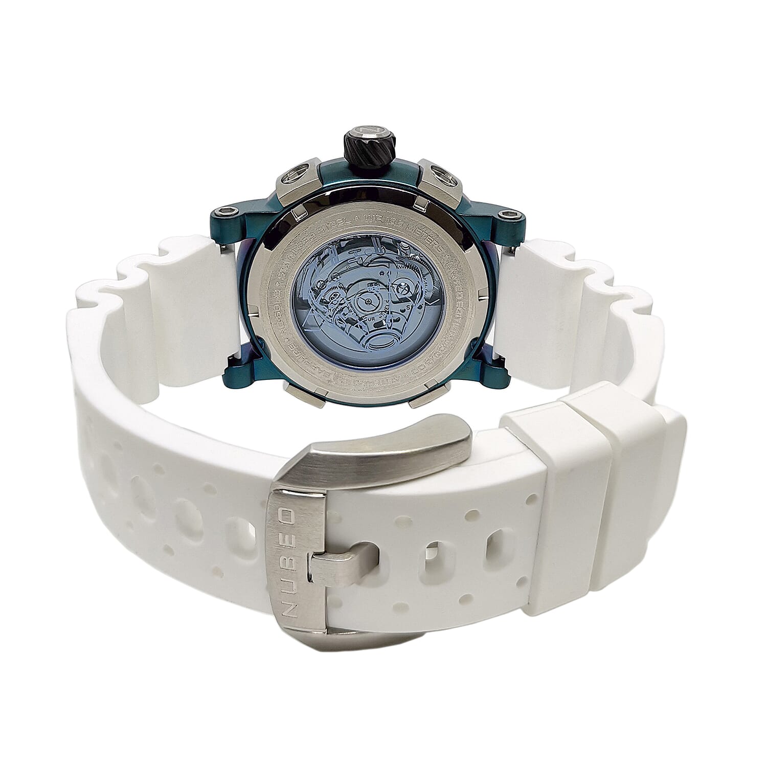NUBEO Orion Automatic Limited Edition Japanese Open Heart Automatic Movement Sapphire Green Dial Water Resistant Watch With 2 White Rubber Strap