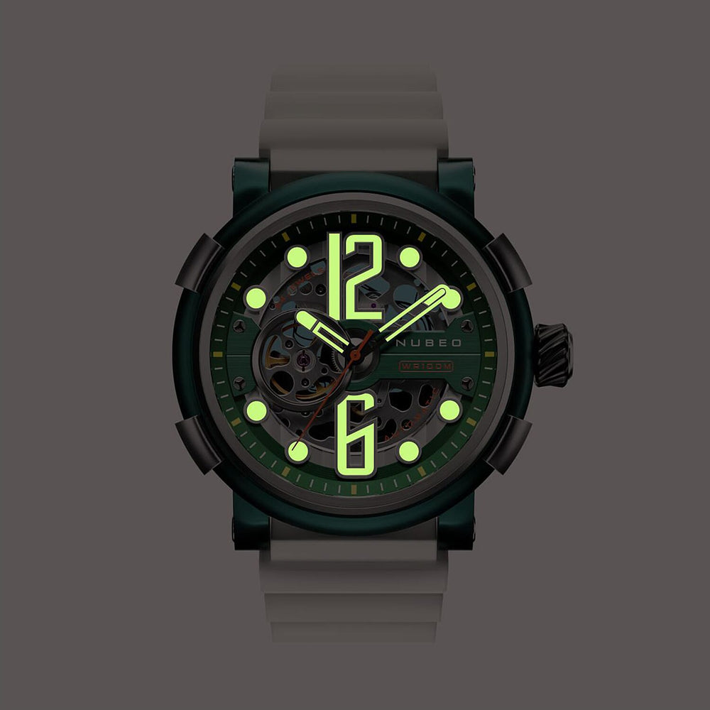 NUBEO Orion Automatic Limited Edition Japanese Open Heart Automatic Movement Sapphire Green Dial Water Resistant Watch With 2 White Rubber Strap