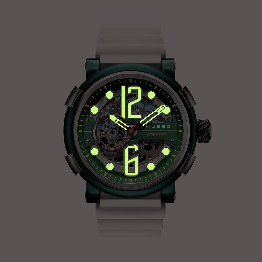 NUBEO Orion Automatic Limited Edition Japanese Open Heart Automatic Movement Sapphire Green Dial Water Resistant Watch With 2 White Rubber Strap