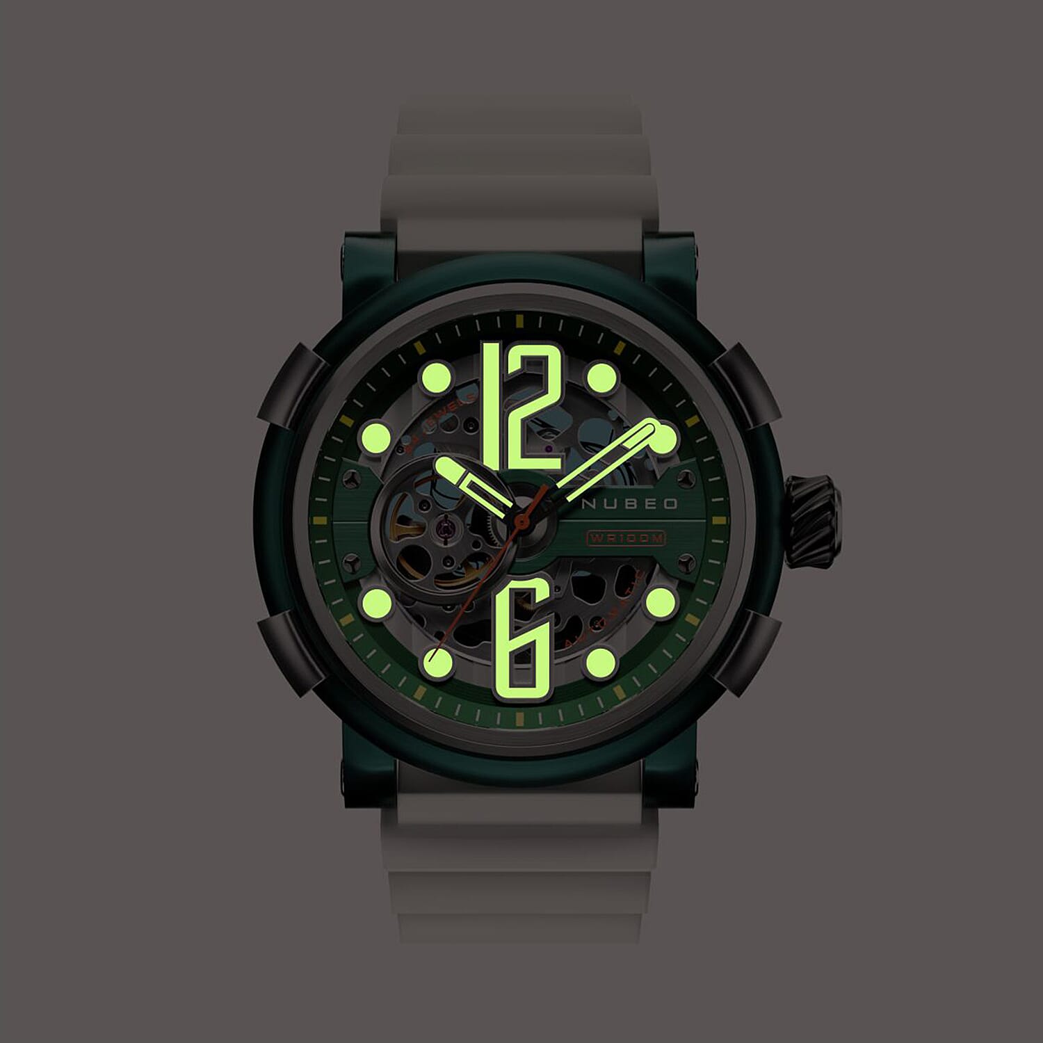 NUBEO Orion Automatic Limited Edition Japanese Open Heart Automatic Movement Sapphire Green Dial Water Resistant Watch With 2 White Rubber Strap