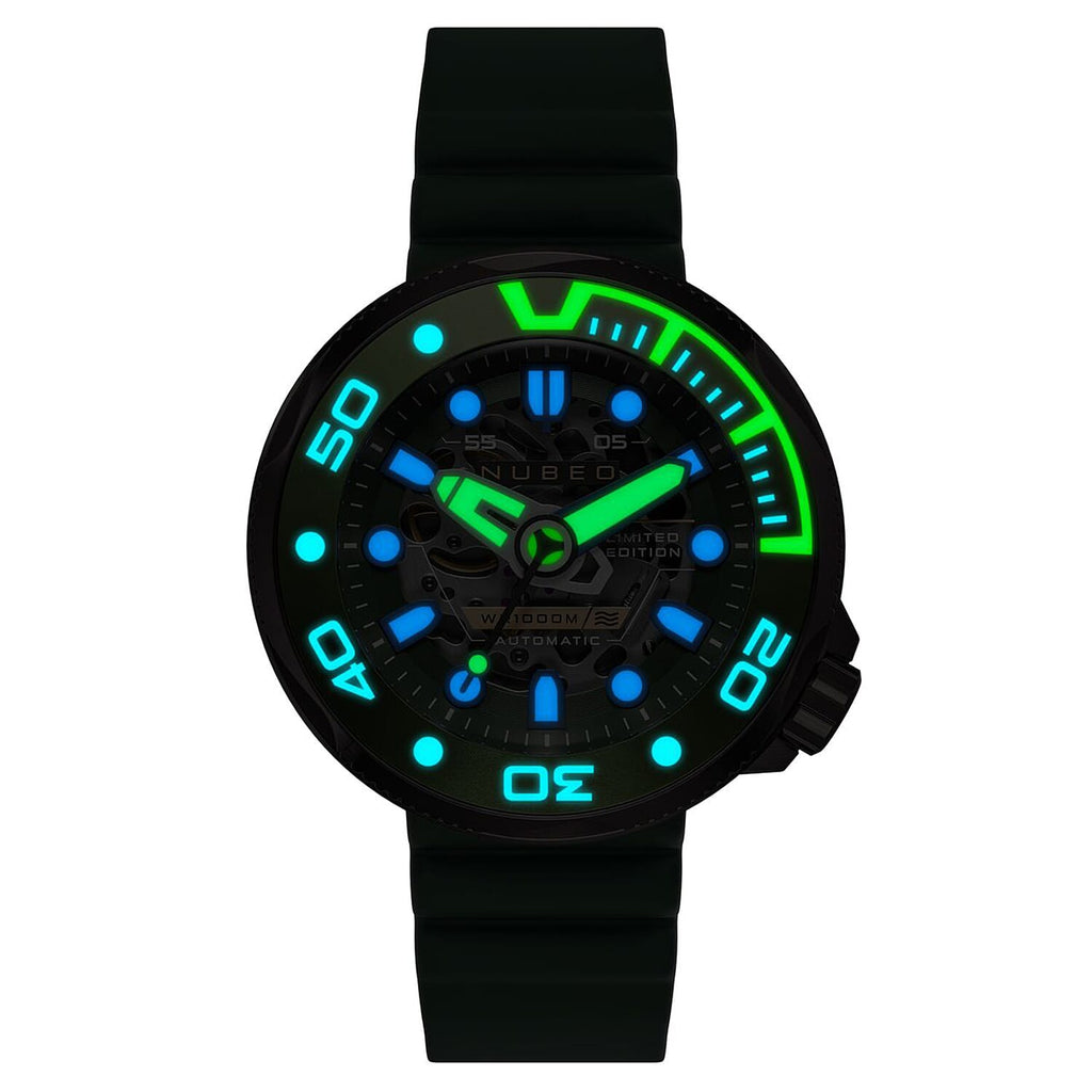 NUBEO Ventana Skeleton Automatic Limited Edition Cedar Green Dial Mens Watch 100 ATM with Green Leather Strap