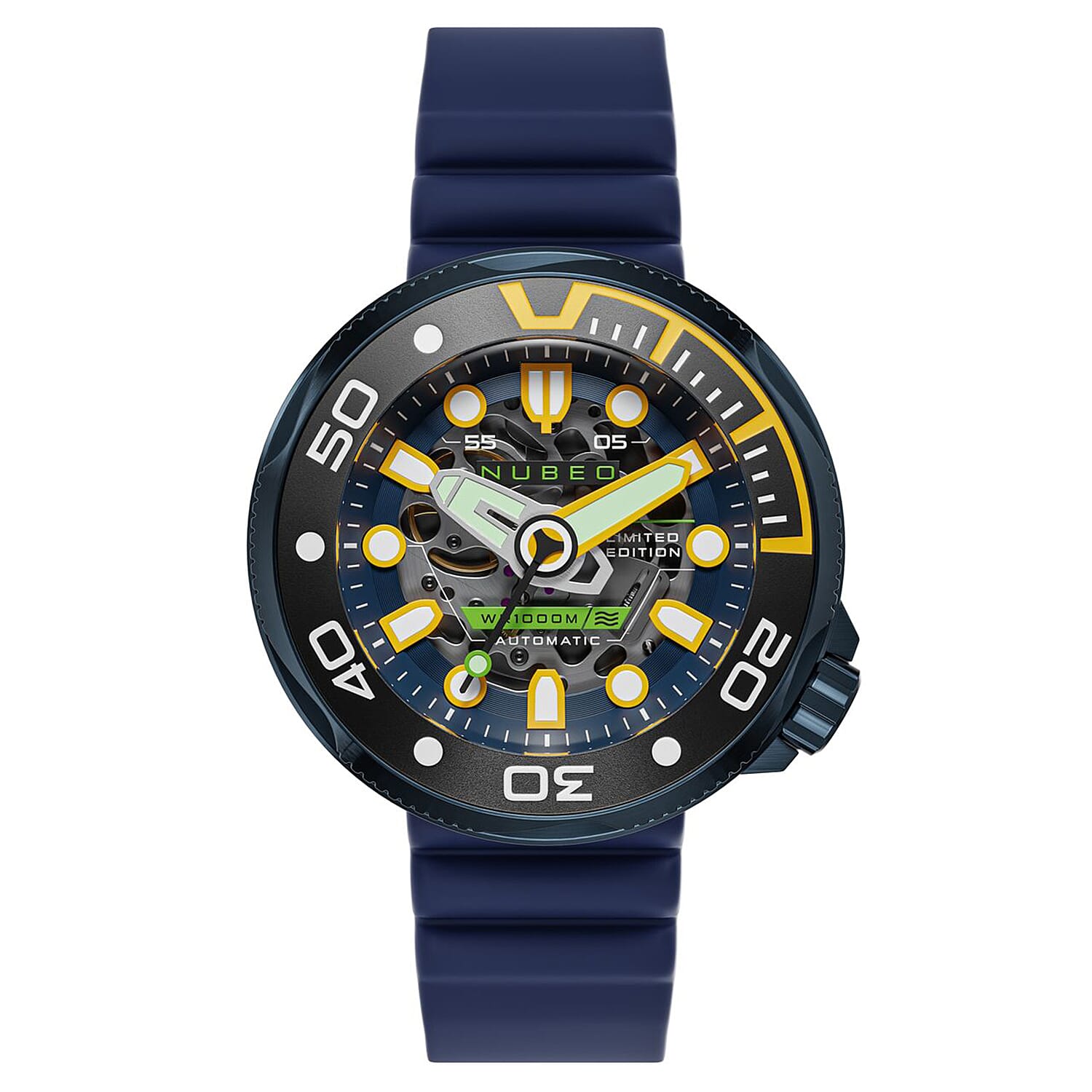 NUBEO Ventana Skeleton Automatic Limited Edition Cobalt Blue Dial Mens Watch with 100 ATM Navy Blue Leather Strap