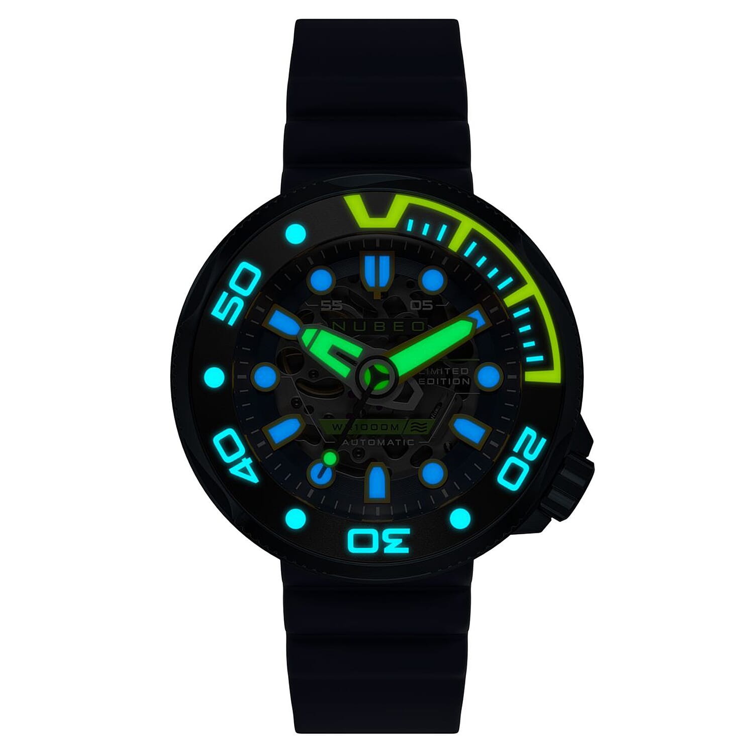 NUBEO Ventana Skeleton Automatic Limited Edition Cobalt Blue Dial Mens Watch with 100 ATM Navy Blue Leather Strap