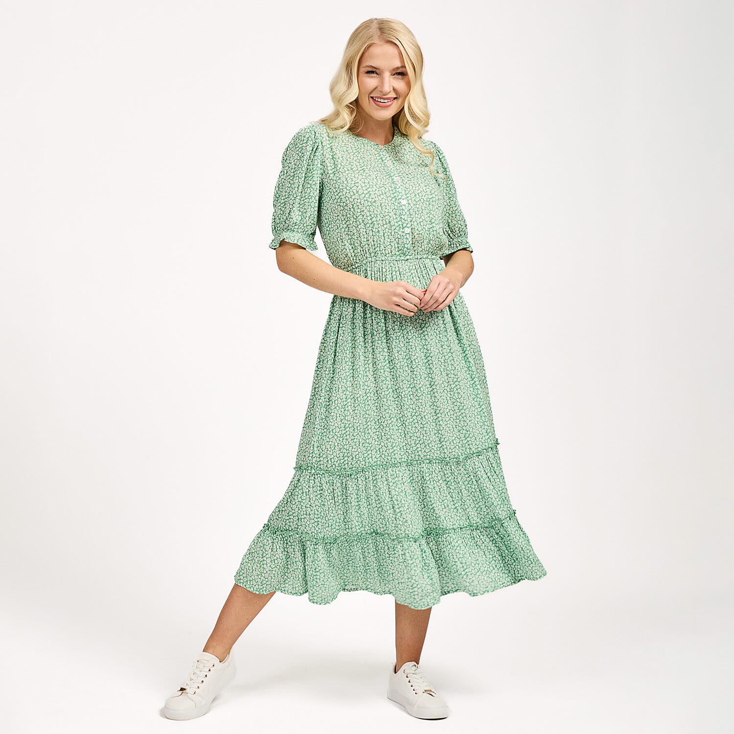 Nabella Ditsy Flower Print Midi Dress with Tiered Skirt (Size 12) - Green
