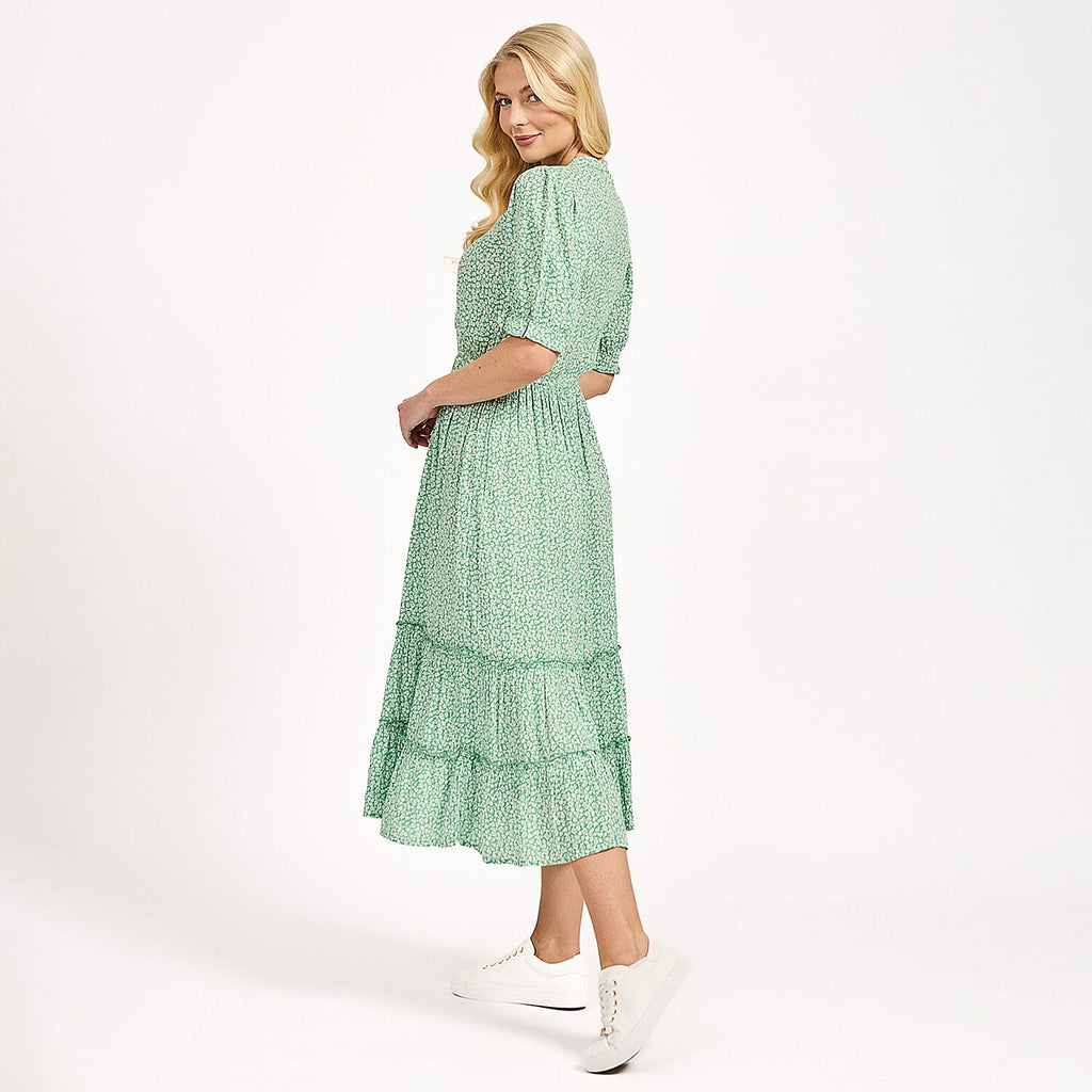 Nabella Ditsy Flower Print Midi Dress with Tiered Skirt (Size 12) - Green
