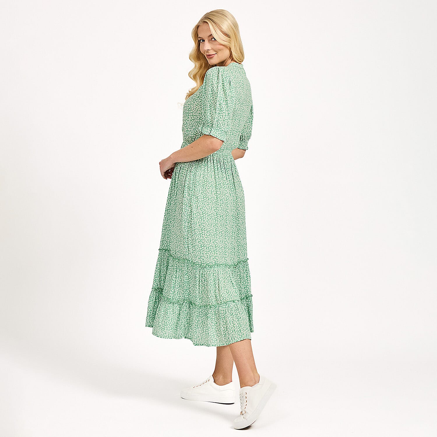 Nabella Ditsy Flower Print Midi Dress with Tiered Skirt (Size 12) - Green