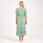 Nabella Ditsy Flower Print Midi Dress with Tiered Skirt (Size 12) - Green