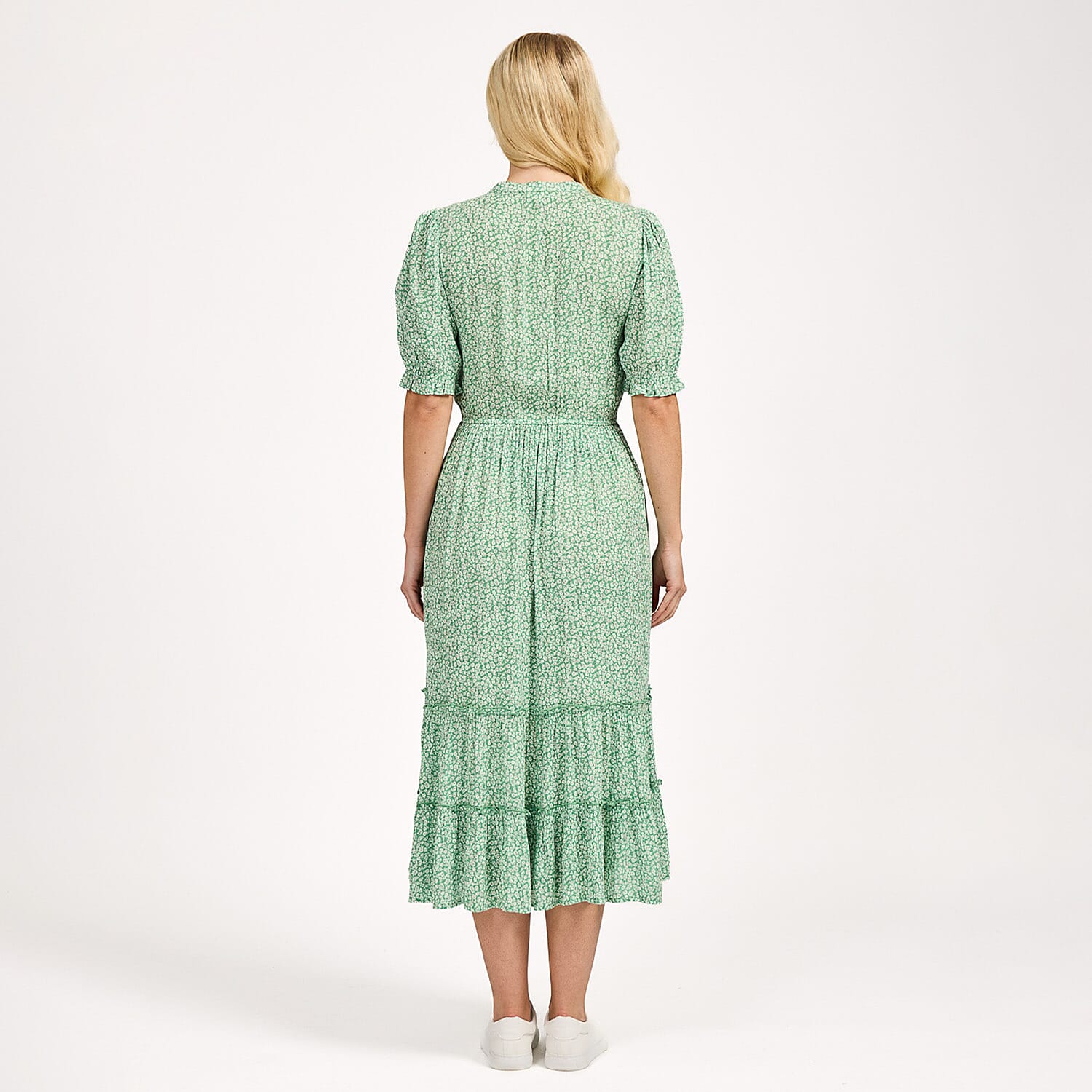 Nabella Ditsy Flower Print Midi Dress with Tiered Skirt (Size 12) - Green