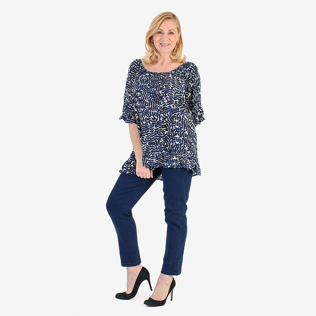 Nabella Womens Abstract Leaves Print Relaxed Fit Top (Size 14) - Blue