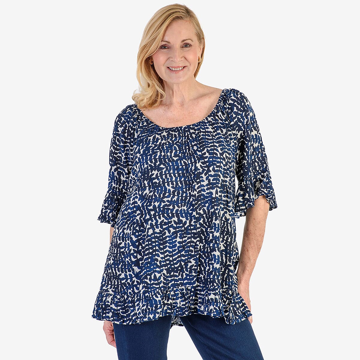 Nabella Womens Abstract Leaves Print Relaxed Fit Top (Size 20) - Blue